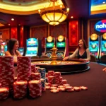 Nohu90 players strategizing their bets at an upscale casino table, surrounded by vibrant slot machines.
