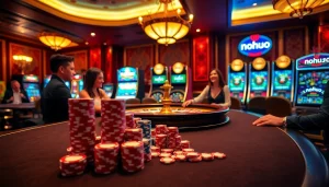 Nohu90 players strategizing their bets at an upscale casino table, surrounded by vibrant slot machines.