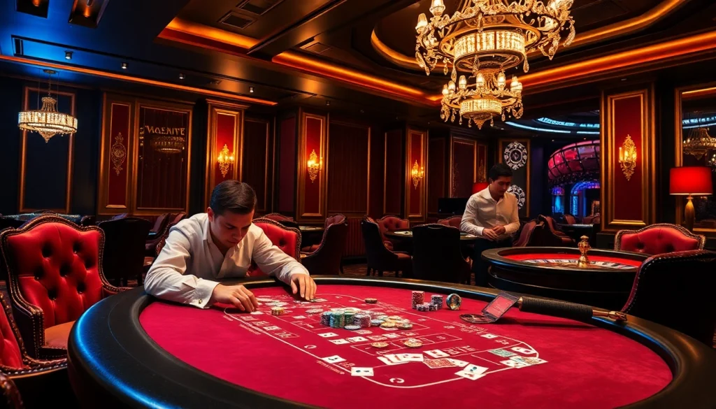 Engaging poker table scene at nhà cái uu88 with colorful chips and cards, conveying excitement.