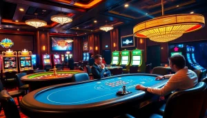 Experience thrilling action at an Indebet casino with vibrant poker games and roulette wheels.
