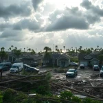 Illustration of Florida Hurricane Damage with wrecked buildings and debris, illustrating the aftermath of storms.