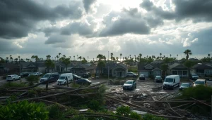 Illustration of Florida Hurricane Damage with wrecked buildings and debris, illustrating the aftermath of storms.