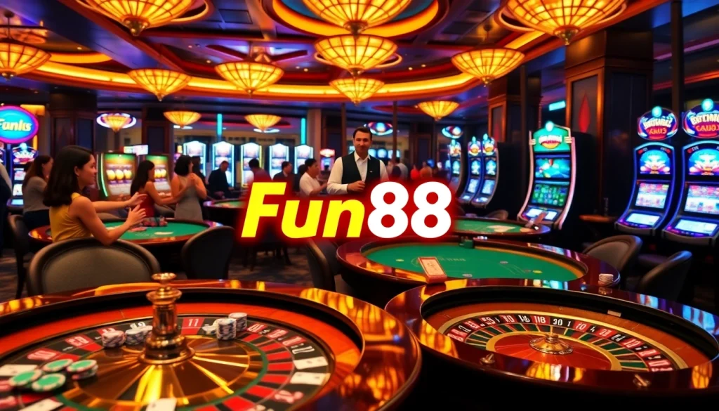 Exciting gaming scene showcasing Fun88 link with vibrant casino elements and enthusiasts.