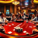 Players celebrate big wins at a poker table in a vibrant casino, highlighting excitement of https://ok8386a.com/.