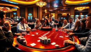 Players celebrate big wins at a poker table in a vibrant casino, highlighting excitement of https://ok8386a.com/.