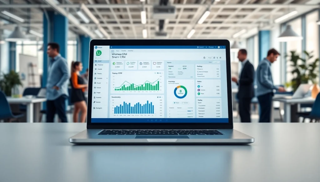 Engaging WhatsApp Smart CRM interface with CRM charts and team collaboration in a modern office.