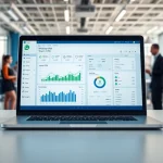Engaging WhatsApp Smart CRM interface with CRM charts and team collaboration in a modern office.