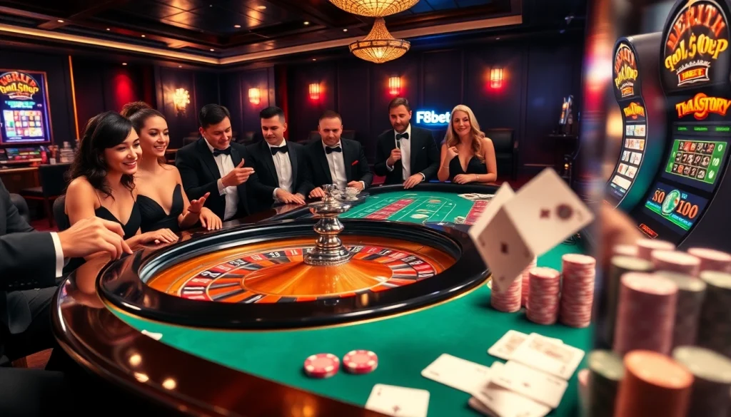 F8Bet gaming room showcasing poker chips, roulette table, and excited players.