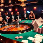 F8Bet gaming room showcasing poker chips, roulette table, and excited players.