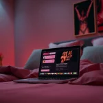 Engaging scene of ai sexting in a cozy bedroom with a laptop interface.