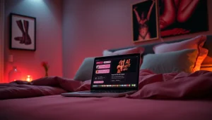 Engaging scene of ai sexting in a cozy bedroom with a laptop interface.