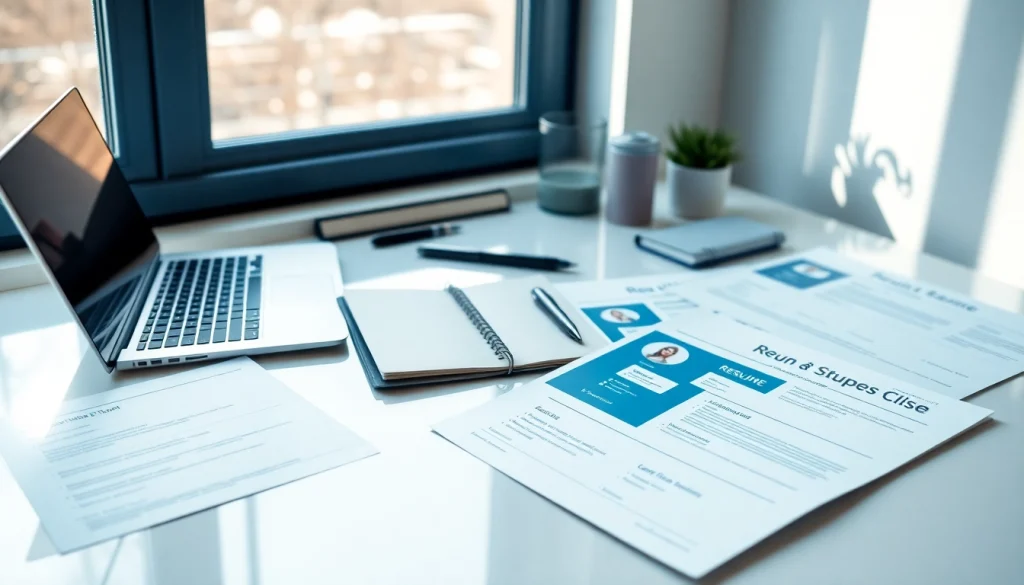 Create a standout Resume Builder with diverse templates illustrated on a professional workspace.