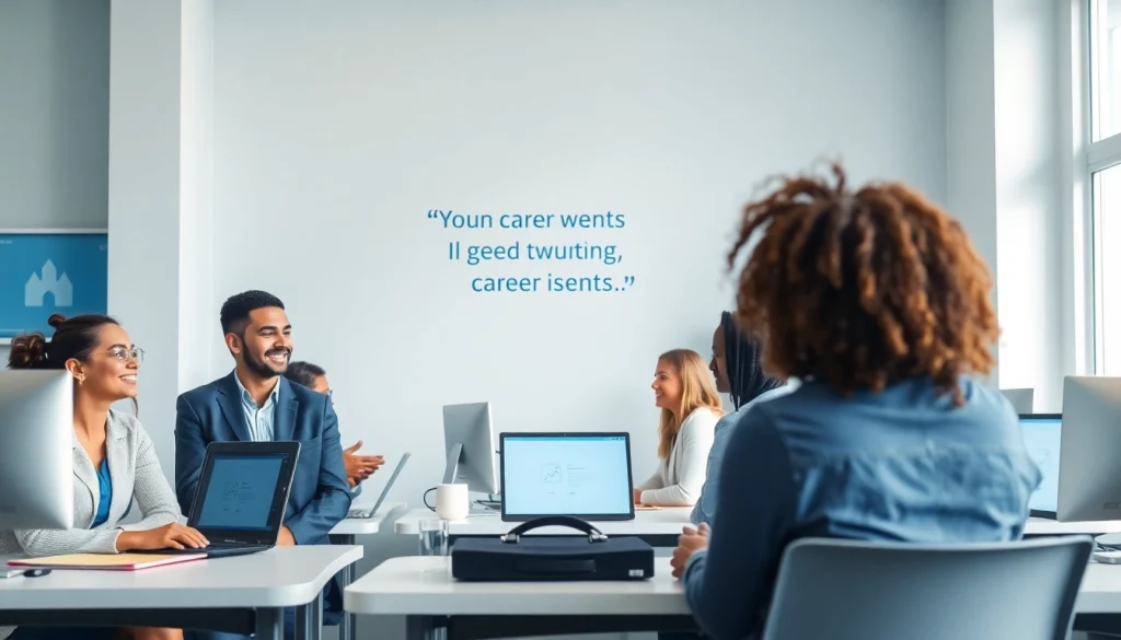 Unique career services office environment with career advisors helping clients in a professional setting.