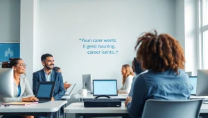 Unique career services office environment with career advisors helping clients in a professional setting.