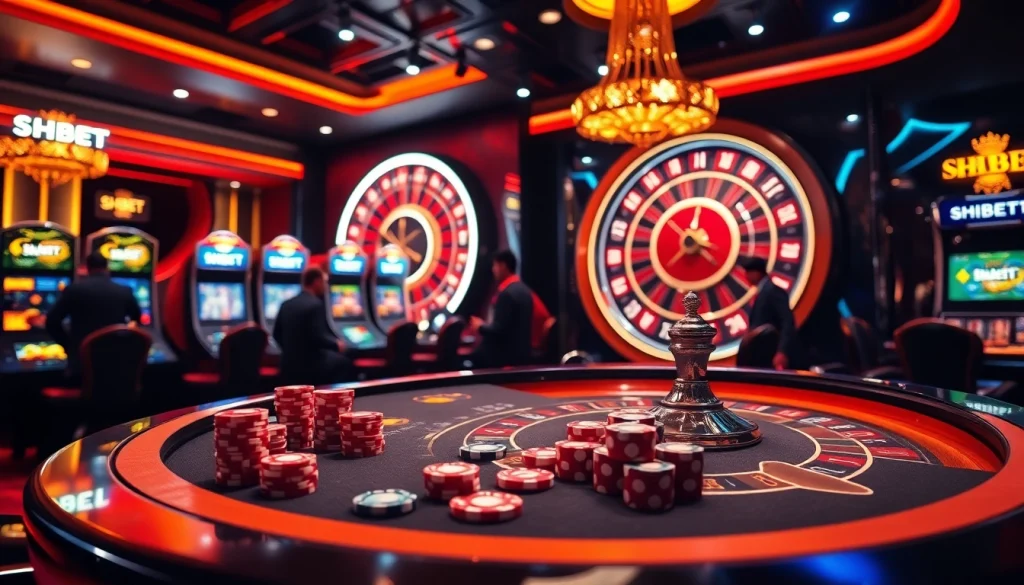 SHBET players enjoying a thrilling casino experience with vibrant gaming tables and slot machines.