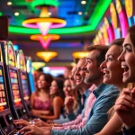 Aksi pemain excited di mesin slot walettoto yang berwarna cerah di lingkungan kasino.