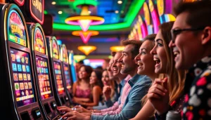 Aksi pemain excited di mesin slot walettoto yang berwarna cerah di lingkungan kasino.