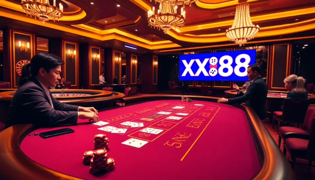 Players enjoying Baccarat at a luxurious XX88 casino table surrounded by poker chips and cards.