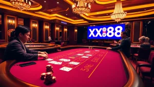Players enjoying Baccarat at a luxurious XX88 casino table surrounded by poker chips and cards.