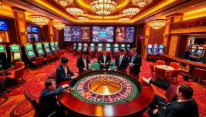 Experience the thrill of thabet with players enjoying high-stakes gambling at a luxury casino.