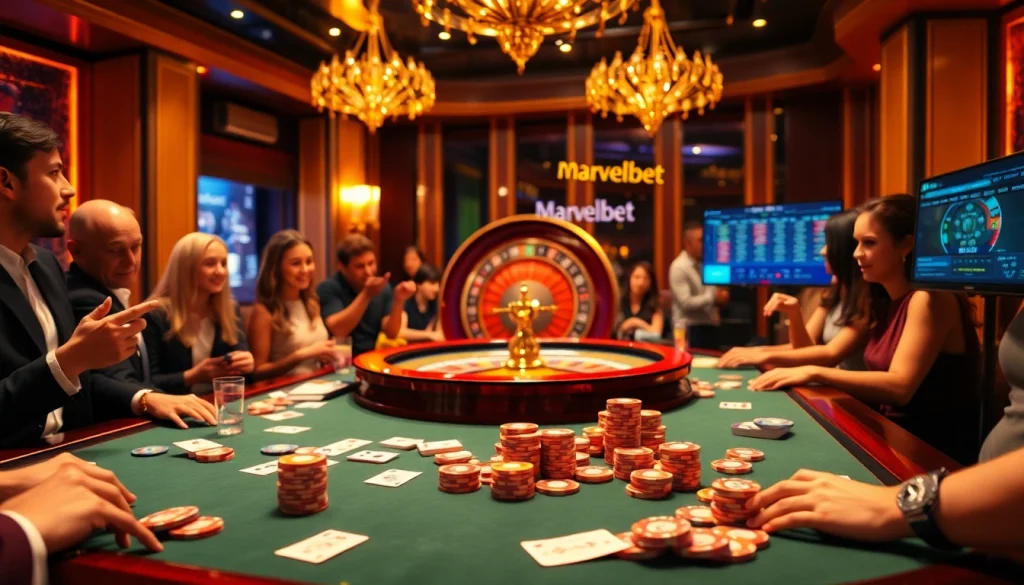 Marvelbet gaming table with colorful chips and excited players enjoying casino fun.