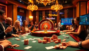 Marvelbet gaming table with colorful chips and excited players enjoying casino fun.