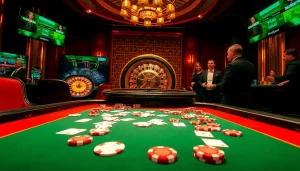 Winning at 88clb poker table with vibrant chips and roulette wheel in a luxurious casino setting.