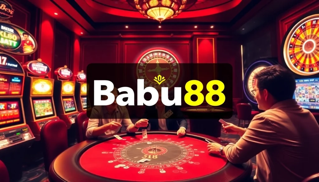 Babu88 players enjoying a vibrant casino scene with poker and slots.
