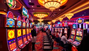 Menampilkan slot demo mahjong dengan desain yang memukau dan lingkungan kasino yang meriah.