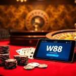 Bets placed at a high-stakes poker table with an online W88 link displayed on a tablet.