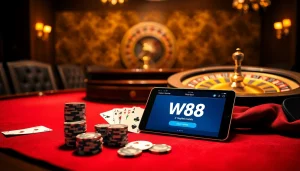 Bets placed at a high-stakes poker table with an online W88 link displayed on a tablet.