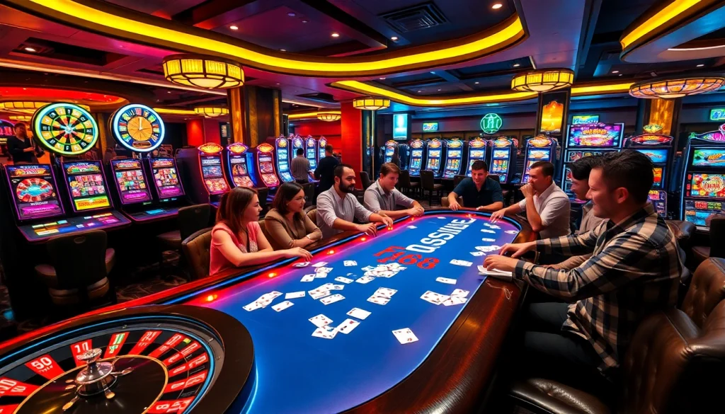 Players eagerly betting at the F168 poker table, immersed in a luxurious casino atmosphere.