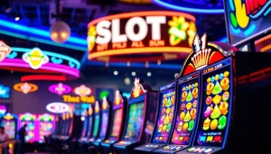 Mencoba peruntungan dalam permainan slot pulsa dengan suasana kasino yang semarak dan penuh energi.