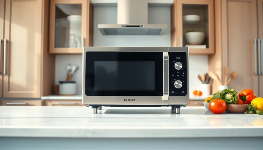 Showcase a stylish microwave oven in a modern kitchen environment with fresh ingredients.
