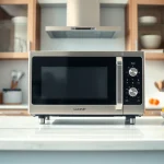 Showcase a stylish microwave oven in a modern kitchen environment with fresh ingredients.