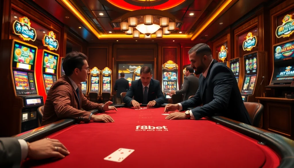 Players enjoy a thrilling game at the luxurious F8bet poker table in an elegant casino atmosphere.