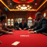 Players enjoy a thrilling game at the luxurious F8bet poker table in an elegant casino atmosphere.