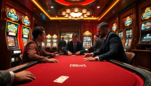 Players enjoy a thrilling game at the luxurious F8bet poker table in an elegant casino atmosphere.