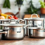 Admire the sleek WMF cookware NZ displayed beautifully on a wooden kitchen counter.