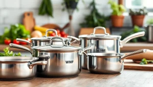 Admire the sleek WMF cookware NZ displayed beautifully on a wooden kitchen counter.