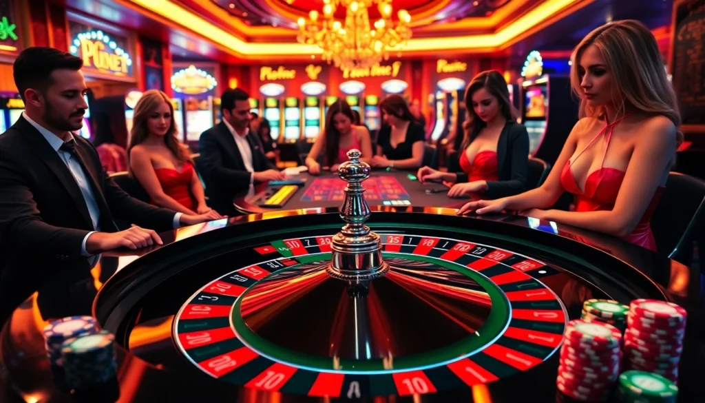 Engaging casino scene showcasing the excitement of link 188bet with players at the roulette table.