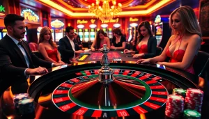 Engaging casino scene showcasing the excitement of link 188bet with players at the roulette table.