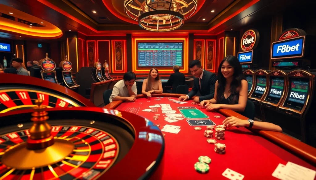 F8bet players enjoying a thrilling casino experience at a roulette table with vibrant slot machines.
