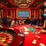 F8bet players enjoying a thrilling casino experience at a roulette table with vibrant slot machines.