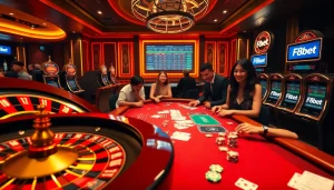 F8bet players enjoying a thrilling casino experience at a roulette table with vibrant slot machines.