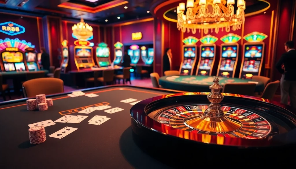 Engaging scene of players at rr88 casino tables, showcasing excitement and luxury.