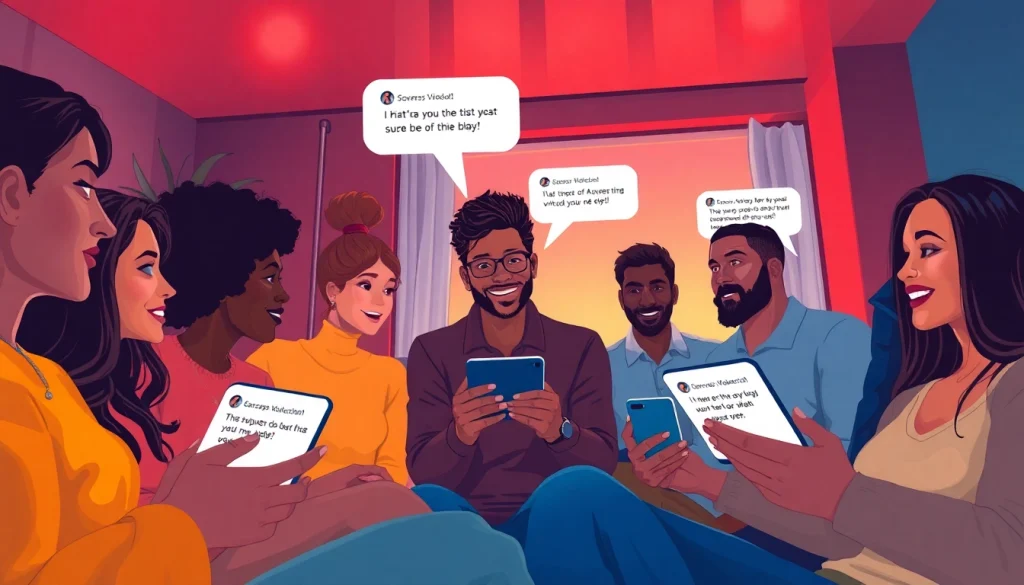Engaging scene of diverse characters enjoying intimate virtual conversations using sex chat ai technology.