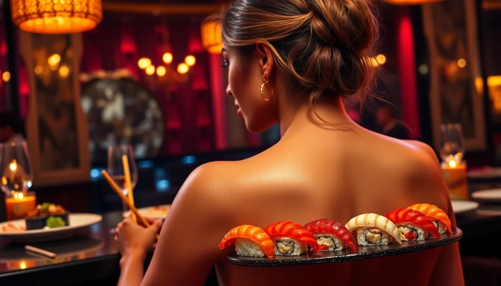 Body sushi elegantly presented on a model's back in a luxurious club ambiance, showcasing a unique dining experience.