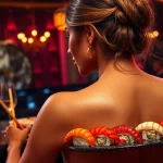 Body sushi elegantly presented on a model's back in a luxurious club ambiance, showcasing a unique dining experience.
