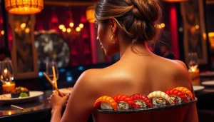 Body sushi elegantly presented on a model's back in a luxurious club ambiance, showcasing a unique dining experience.